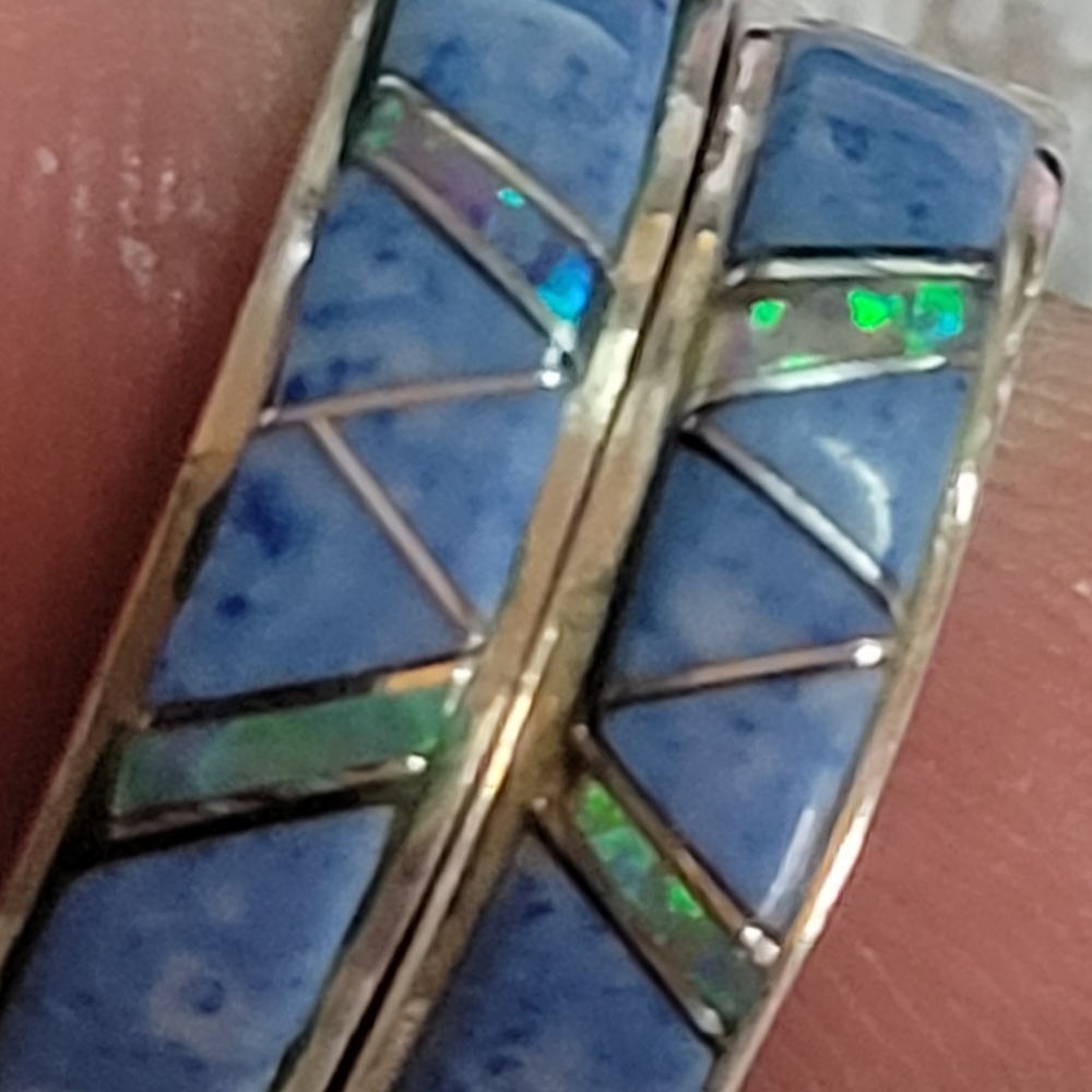 Vintage Sterling Silver Blue Opal Inlaid Hoop Earrings